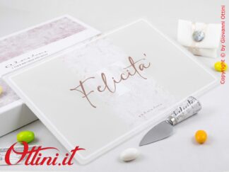26048C Claraluna - Tagliere in vetro con coltellino e decoro scritta Felicità, bomboniera regalo utile per la cucina e la casa ideale per matrimonio