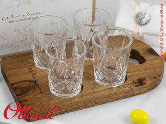 26065 Claraluna - Prestigioso Vassoio in Acacia con 4 bicchierini in vetro, bomboniera utile per matrimonio, ideale in cucina o per gli aperitivi.