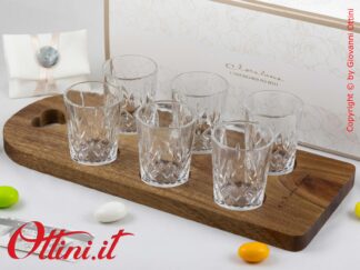 26066 Claraluna - Prestigioso Vassoio in legno di acacia con 6 bicchierini in vetro, bomboniera utile per matrimonio, ideale in cucina o per gli aperitivi.