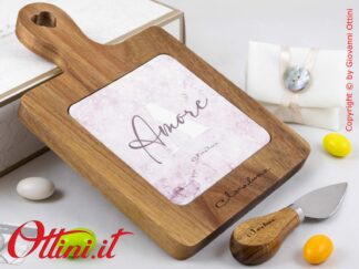 26082C Claraluna - Prestigioso Tagliere in legno massello di Acacia Decoro Amore con coltellino, bomboniera tema viaggi per matrimonio, utile in cucina.