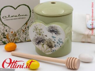 25101 Claraluna - il Portamiele Floreale Verde in porcellana smaltata con Spargimiele è una bomboniera elegante e utile a tavola, ideale per matrimonio
