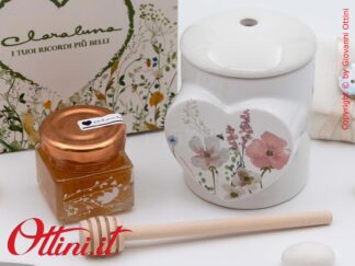 25102M Claraluna - il Portamiele Floreale Rosa in porcellana smaltata con Miele e Spargimiele è una bomboniera utile a tavola, ideale per matrimonio