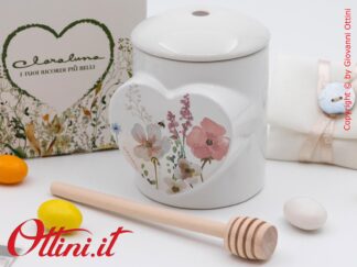 25102 Claraluna - il Portamiele Floreale Rosa in porcellana smaltata con Spargimiele è una bomboniera elegante e utile a tavola, ideale per matrimonio