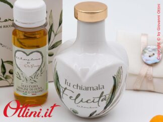 26071O Claraluna - stupenda oliera piccola in ceramica bianca smaltata con stampa foglie di ulivo e frase emozionale, completa di olio e tappo in silicone.