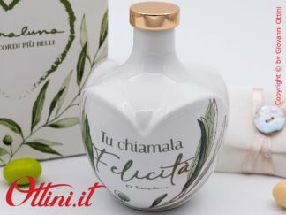 26072 Claraluna - stupenda oliera grande in ceramica bianca smaltata con stampa foglie di ulivo e frase emozionale, completa di tappo in silicone.