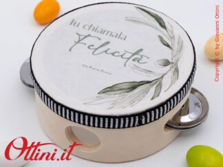 26075 Claraluna - Tamburello con stampa decoro foglie di ulivo, bomboniera folcloristica ideale come segnaposto per matrimoni, anniversari, comunioni...