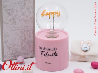 26144 Claraluna - Lampada led vintage dimmerabile Rosa con lampadina a a forma scritta Happy, funzionamento a batterie, per il comodino o la scrivania.