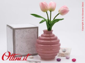26185TULIP Claraluna - Il Vaso Tondo Piccolo rosa è un oggetto d'arredo dal design raffinato, essenziale e moderno, completo di tulipani artificiali