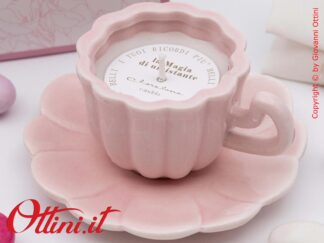 26222 Claraluna - Candela in Tazza in porcellana smaltata con Piattino Rosa, adatta a chi fa della pausa caffe un momento di vero relax