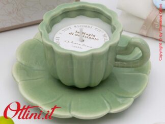 26223 Claraluna - Candela in Tazza in porcellana smaltata con Piattino Verde, adatta a chi fa della pausa caffe un momento di vero relax