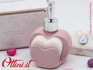 26232 Claraluna - Dispenser Sapone Rosa in ceramica bianca smaltata con Spugna coordinata, bomboniere utili per la casa adatte a tutti gli eventi