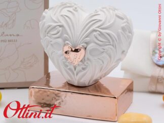 26261 Claraluna - Il Cuore in Gesso con Base Oro Rosa e cuoricino coordinato, è una bomboniera romantica per matrimonio, elegantissimo complemento d'Arredo