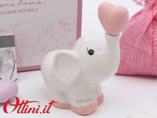 26382 Claraluna - Elefantino medio rosa in porcellana smaltata. Bomboniera vintage di altissima qualità ideale per eventi come battesimi e comunioni bambina