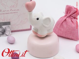 26383 Claraluna - Carillon Elefantino rosa in porcellana smaltata, una bomboniera vintage di altissima qualità ideale battesimi e comunioni bambina