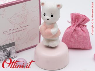26393 Claraluna - Carillon Orsetto rosa in porcellana smaltata, una bomboniera vintage di altissima qualità ideale battesimi e comunioni bambina