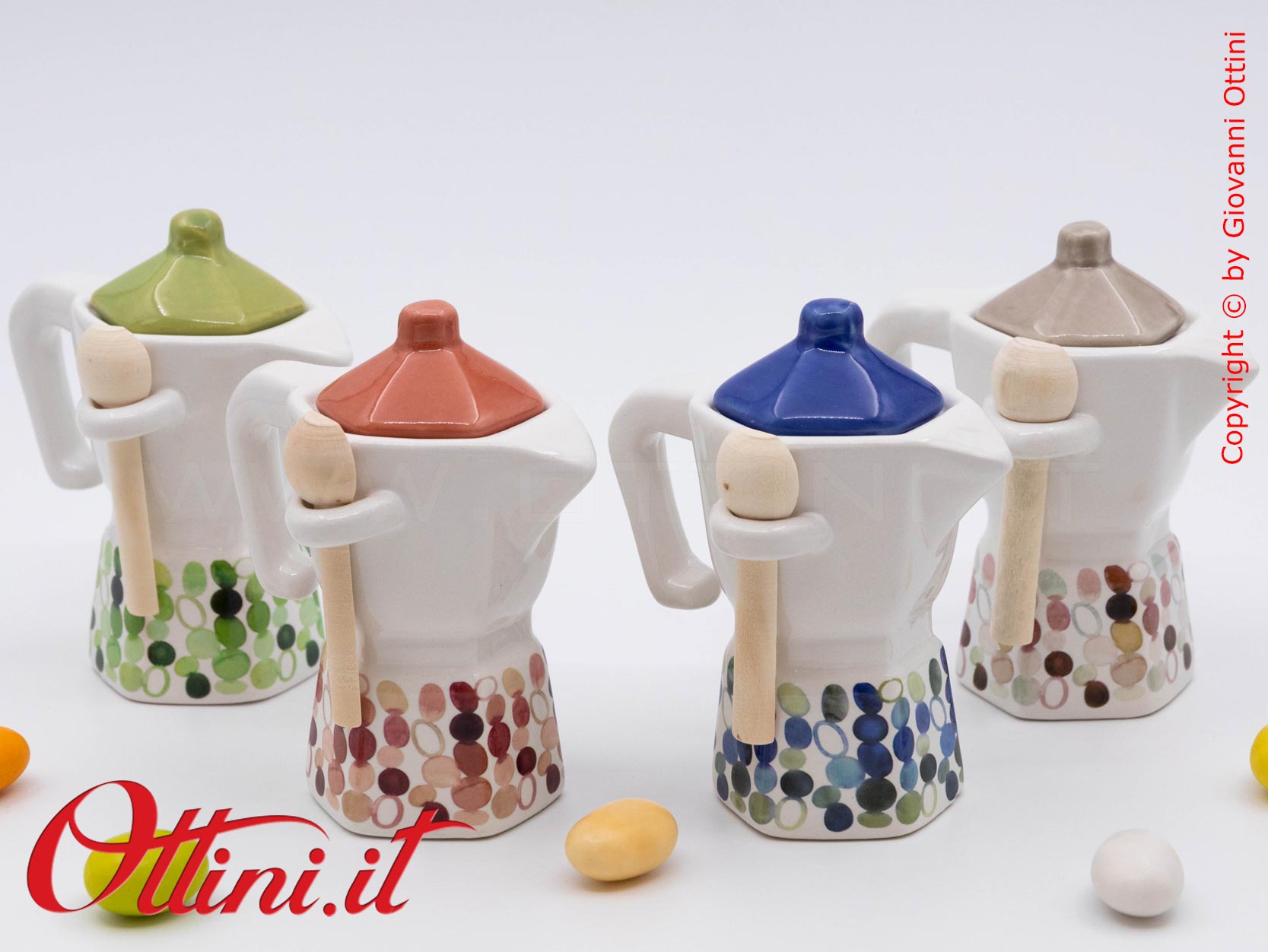 01A421 - Zuccheriera in porcellana smaltata Modern Moka con disegni a Pois in 4 vivaci colori, bomboniera utile ideale per la cucina e la tavola