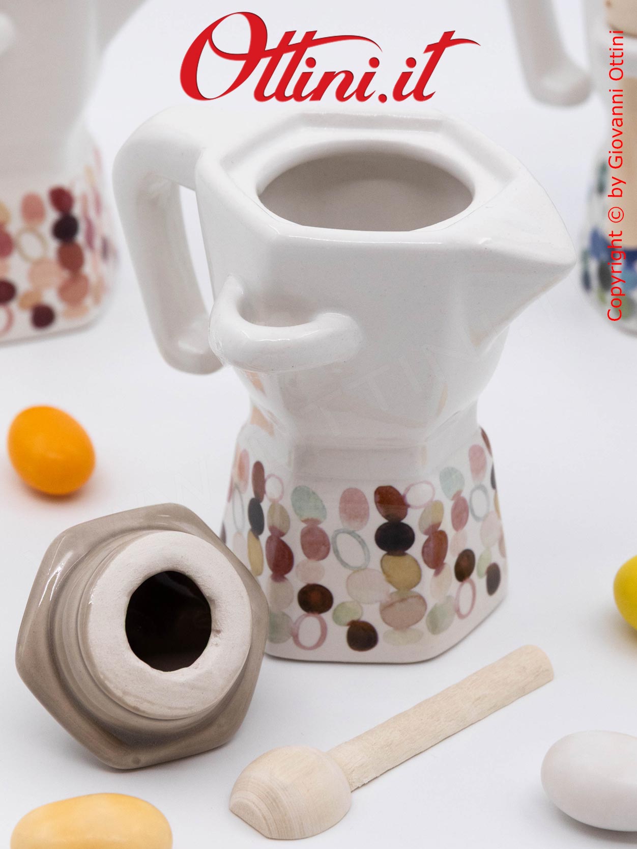 01A421 - Zuccheriera in porcellana smaltata Modern Moka con disegni a Pois in 4 vivaci colori, bomboniera utile ideale per la cucina e la tavola