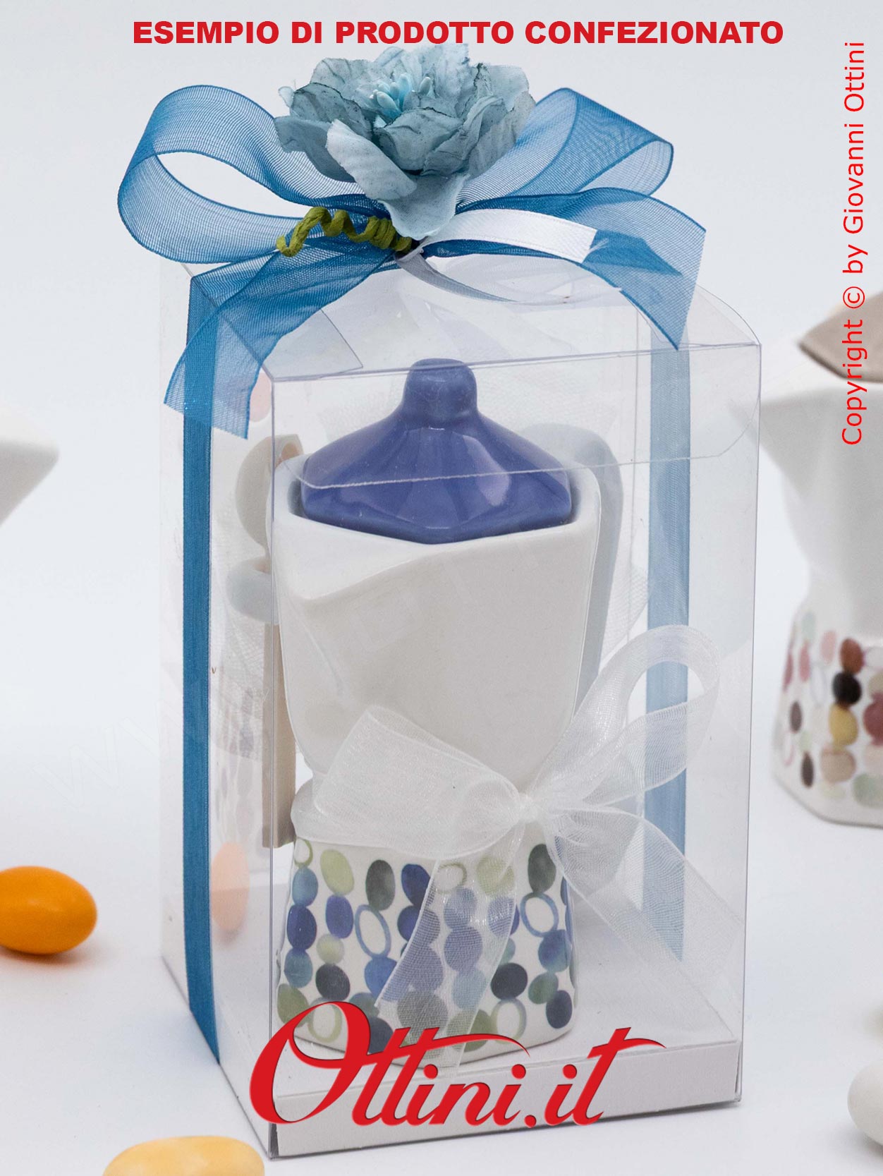 01A421 - Zuccheriera in porcellana smaltata Modern Moka con disegni a Pois in 4 vivaci colori, bomboniera utile ideale per la cucina e la tavola