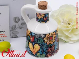 D9159 - l'Oliera in porcellana da 100ml con Fiori Colorati di Cuorematto è una bomboniera solidale utile in cucina con colori vivaci, ideale per la tavola