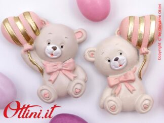04A493 - il Magnete Orsetto Pupo Rosa con Palloncino è ideale per decorazione barattoli, vasetti sacchettini e bomboniere per nascita e battesimo bambina