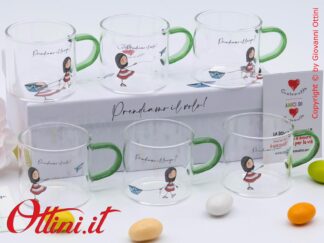 DC001 - Set 6 Tazzine La Tipa di Cuorematto in vetro borosilicato è una bomboniera solidale giovane che sostiene i Frati dell'Antoniano di Bologna.