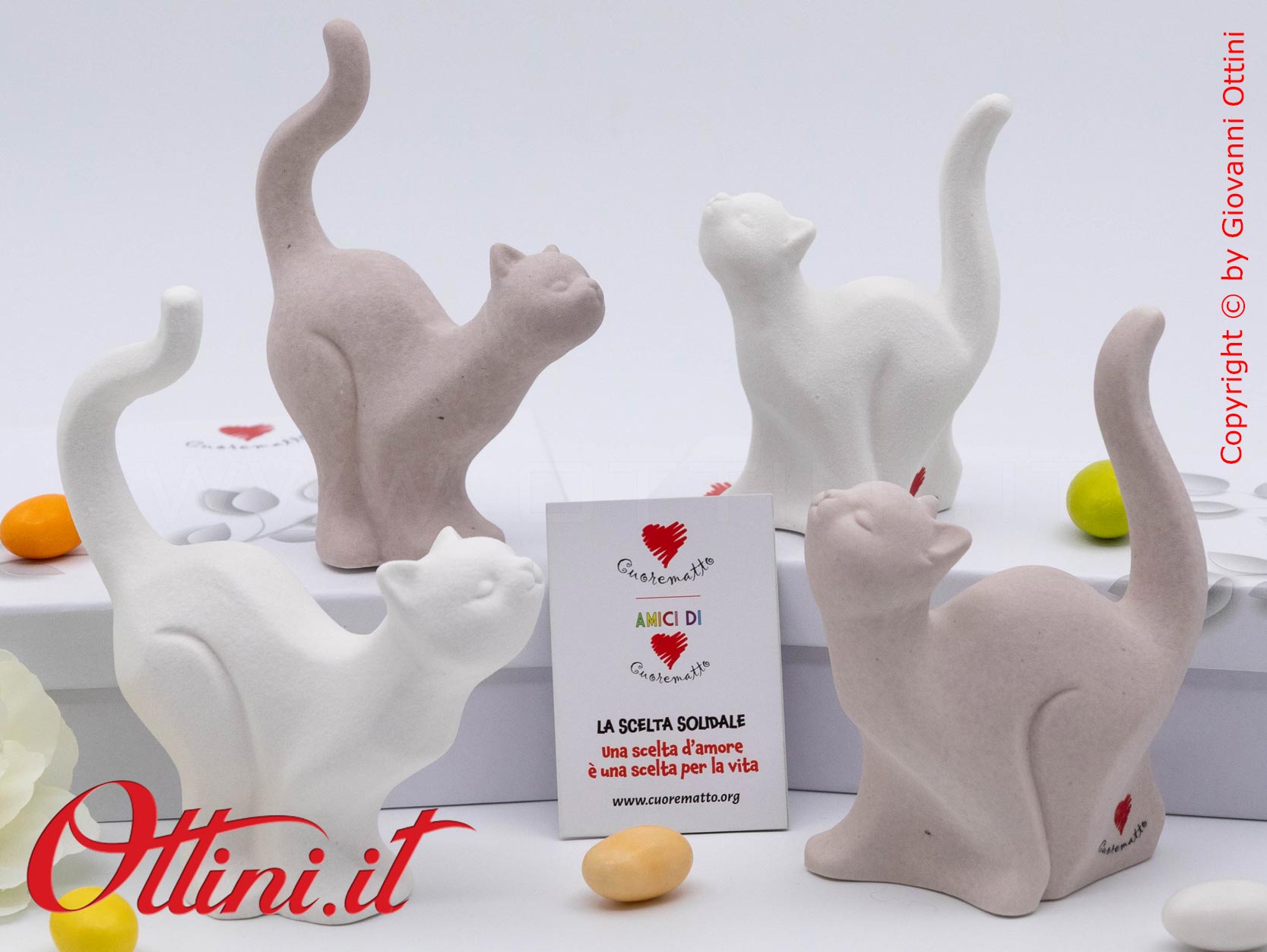D9133 - La Coppia Gattini Porta Anelli di Cuorematto è una bomboniera utile, solidale e giovane che sostiene i Frati dell'Antoniano di Bologna.
