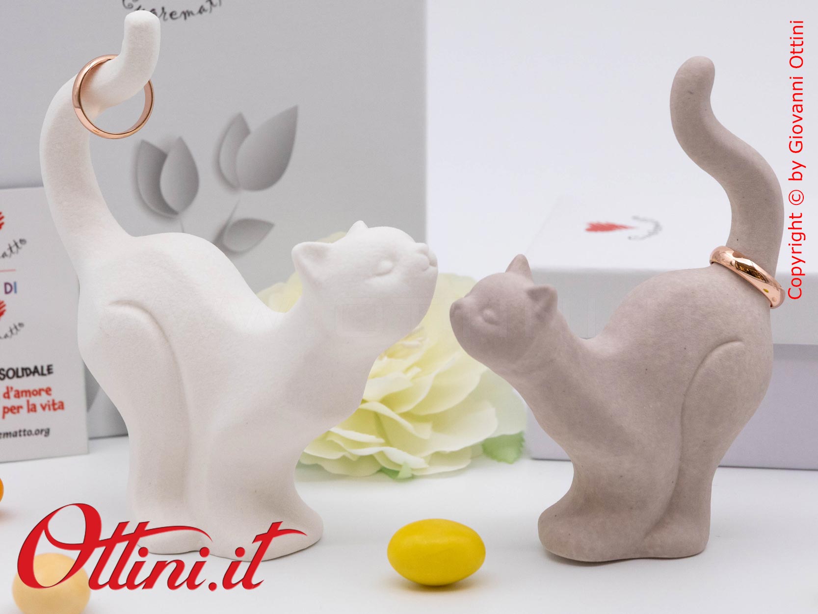 D9133 - La Coppia Gattini Porta Anelli di Cuorematto è una bomboniera utile, solidale e giovane che sostiene i Frati dell'Antoniano di Bologna.