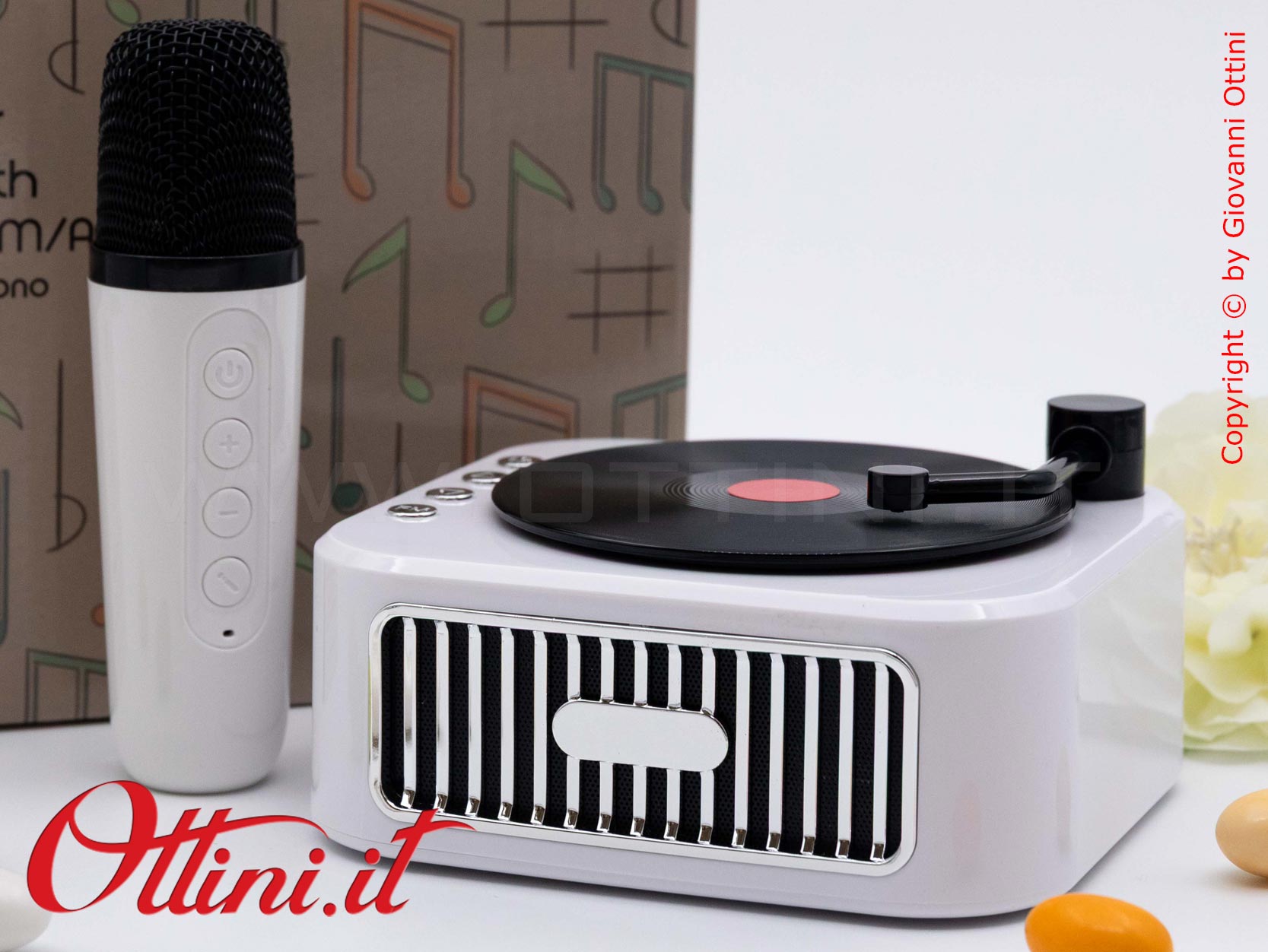 D9174 - La Radio Speaker Giradischi con Microfono Bluetooth è un regalo tecnologico e bomboniera utile dal design vintage. Musica e sound eccezionali.