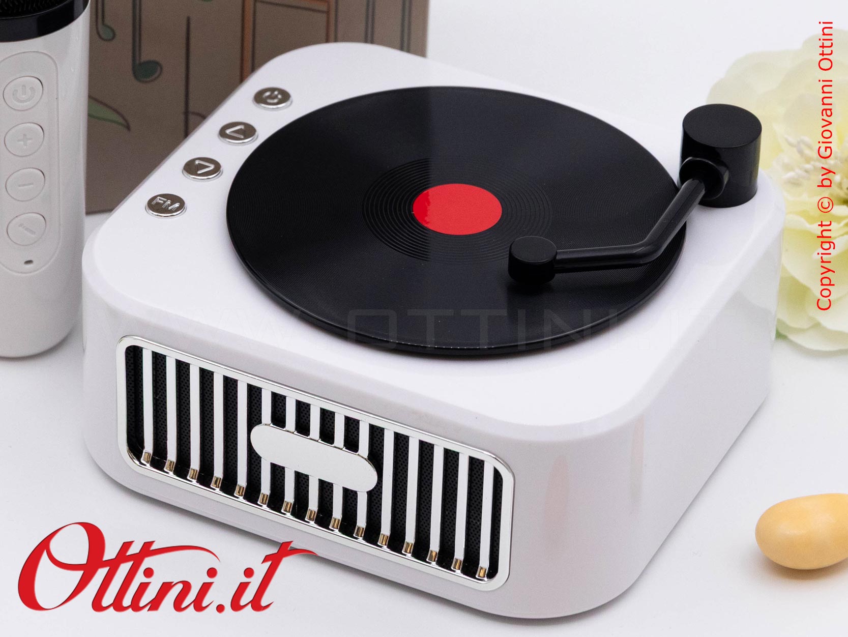 D9174 - La Radio Speaker Giradischi con Microfono Bluetooth è un regalo tecnologico e bomboniera utile dal design vintage. Musica e sound eccezionali.