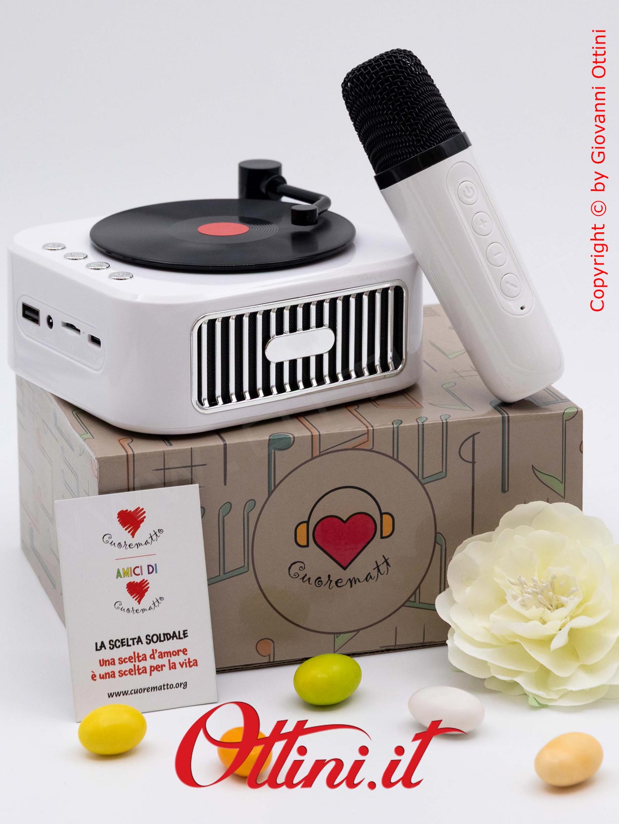 D9174 - La Radio Speaker Giradischi con Microfono Bluetooth è un regalo tecnologico e bomboniera utile dal design vintage. Musica e sound eccezionali.
