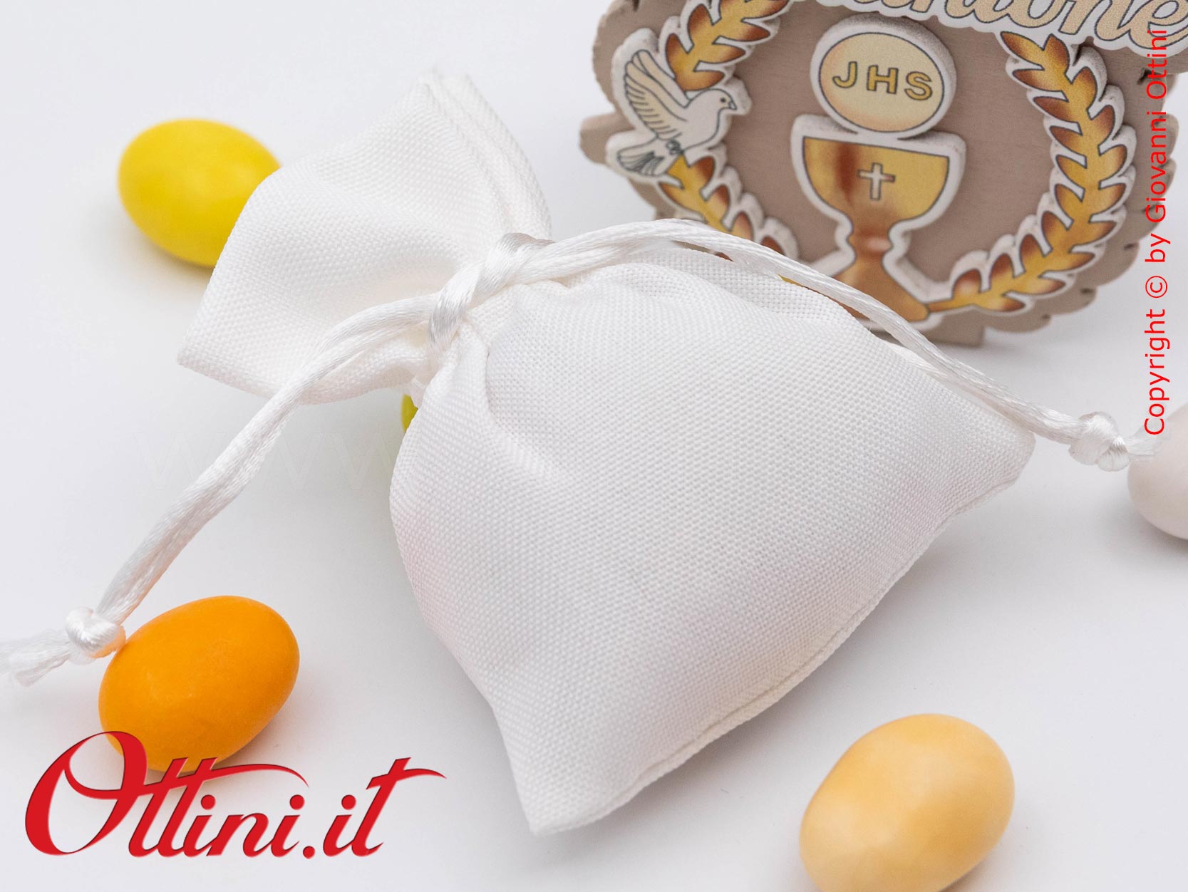 Alloro Bag Portaconfetti è un sacchettino per Prima Comunione già pronto con tutte le decorazioni e completo di imbottitura, facilissimo da confezionare