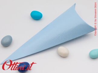 Cono Portariso Portaconfetti in cartoncino celeste con elegante finitura effetto tela, adatto al contatto con gli alimenti, perfetto per le confettate.