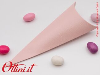 Cono Portariso Portaconfetti in cartoncino Rosa con elegante finitura effetto tela, adatto al contatto con gli alimenti, perfetto per le confettate.