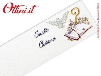 Bigliettino Bomboniera Santa Cresima raffigurante la trilogia degli elementi rappresentativi del sacramento: Spirito Santo, mitria e bastone vescovile.